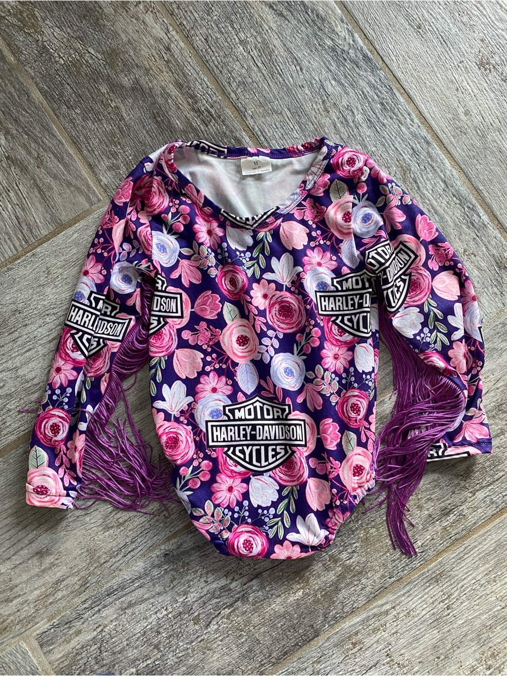 Harley-Davidson Girls' Purple Floral Fringe Long-Sleeve Top 3T